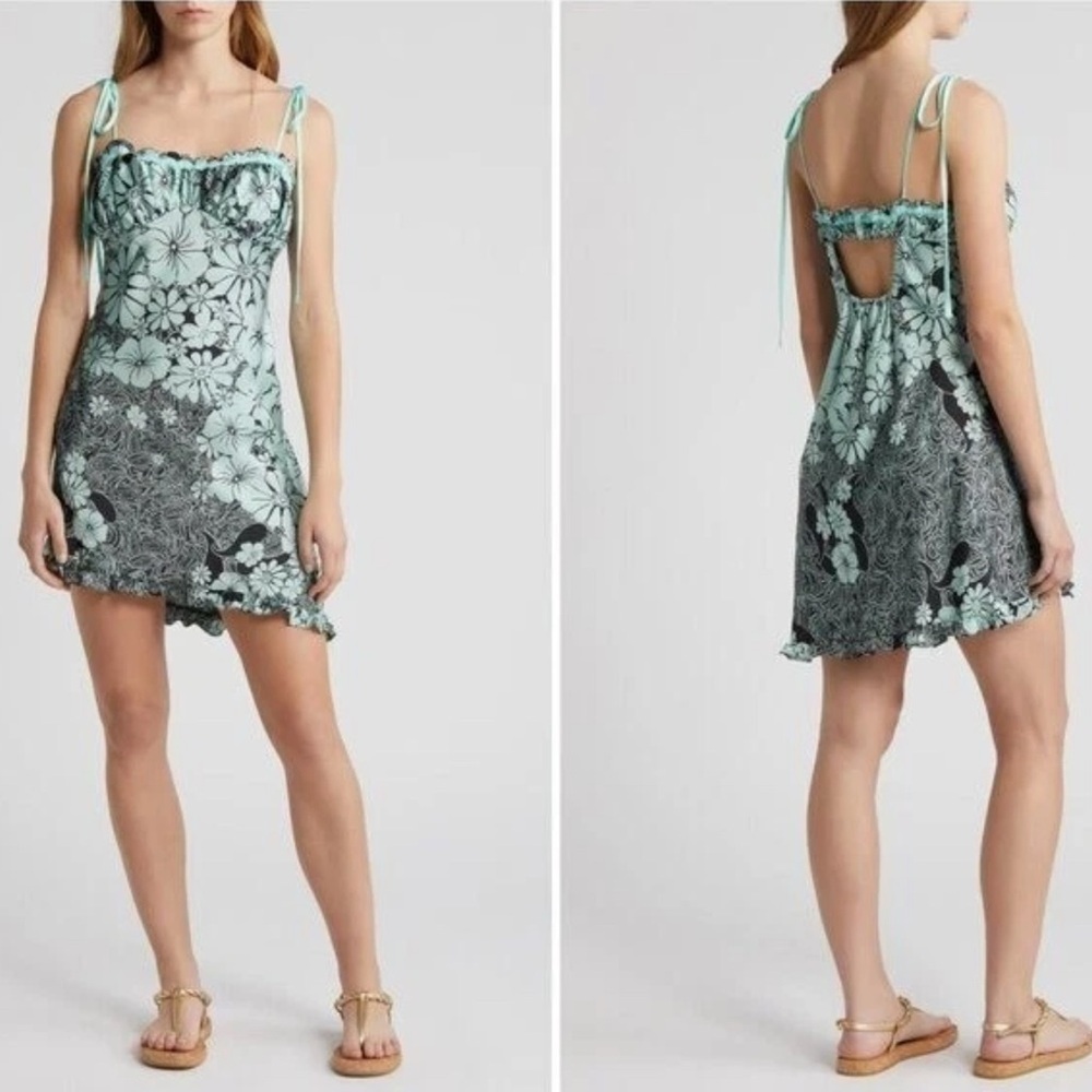 Free People Retro Daisy Asymmetric Slipdress Extra Large XL Teal Black